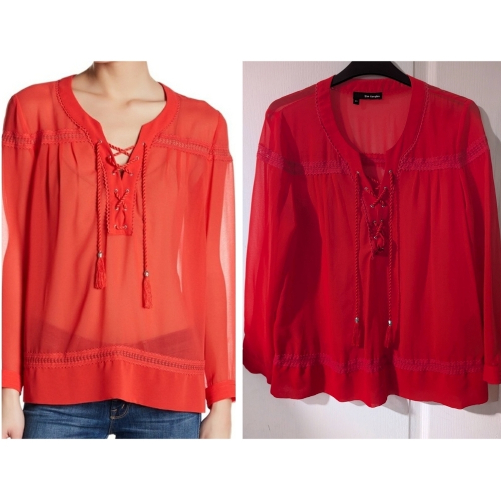 The Kooples | Red Lace-Up Tassel Blouse